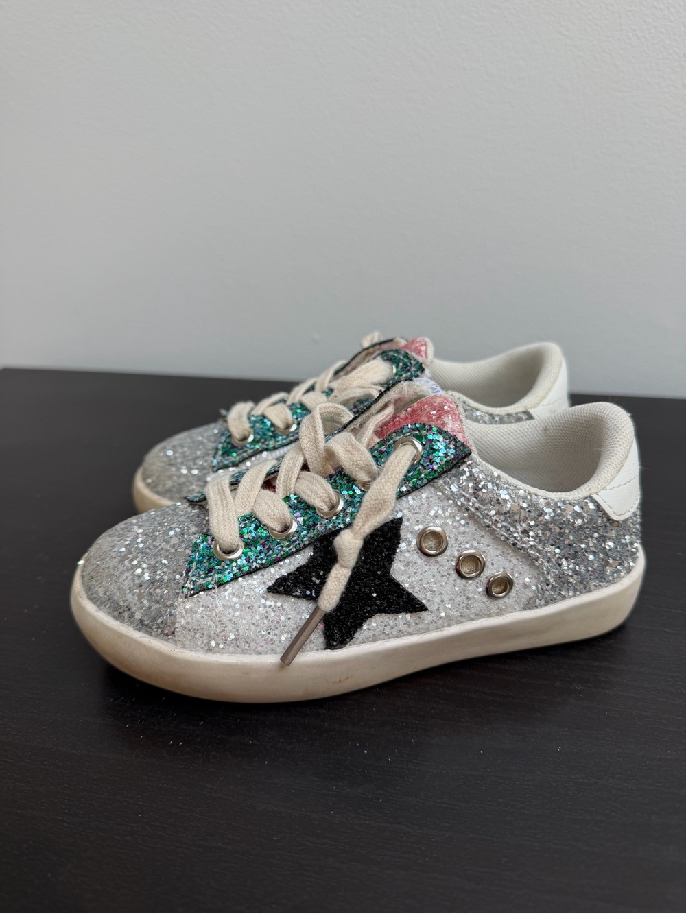 Glitter Star Kids Sneakers in Silver, Green & Pink
